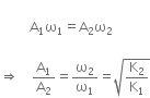
space space space space space space space space space straight A subscript 1 straight omega subscript 1 equals straight A subscript 2 straight omega subscript 2 space

rightwards double arrow space space space space straight A subscript 1 over straight A subscript 2 equals straight omega subscript 2 over straight omega subscript 1 equals square root of straight K subscript 2 over straight K subscript 1 end root
