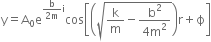 straight y equals straight A subscript 0 straight e to the power of fraction numerator straight b over denominator 2 straight m end fraction straight i end exponent cos open square brackets open parentheses square root of straight k over straight m minus fraction numerator straight b squared over denominator 4 straight m squared end fraction end root close parentheses straight r plus straight ϕ close square brackets