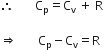 
therefore space space space space space space space straight C subscript straight p equals straight C subscript straight v space plus space straight R space

rightwards double arrow space space space space space space space straight C subscript straight p minus straight C subscript straight v equals straight R
