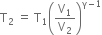 straight T subscript 2 space equals space straight T subscript 1 open parentheses straight V subscript 1 over straight V subscript 2 close parentheses to the power of straight gamma minus 1 end exponent