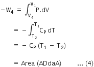 negative straight W subscript 4 space equals space integral subscript straight V subscript 4 end subscript superscript straight V subscript 1 end superscript straight P. dV space
space space space space space space space space equals space minus integral subscript straight T subscript 2 end subscript superscript straight T subscript 1 end superscript straight C subscript straight P space dT space
space space space space space space space space equals space minus space straight C subscript straight P space left parenthesis straight T subscript 1 space minus space straight T subscript 2 right parenthesis space

space space space space space space space space equals space Area space left parenthesis ADdaA right parenthesis space space space space space space space space space space... space left parenthesis 4 right parenthesis