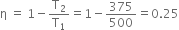straight eta space equals space 1 minus straight T subscript 2 over straight T subscript 1 equals 1 minus 375 over 500 equals 0.25