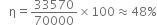 space space space straight eta equals 33570 over 70000 cross times 100 almost equal to 48 %