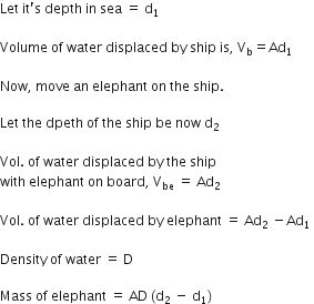 Let space it apostrophe straight s space depth space in space sea space equals space straight d subscript 1 space

Volume space of space water space displaced space by space ship space is comma space straight V subscript straight b equals Ad subscript 1

Now comma space move space an space elephant space on space the space ship. space

Let space the space dpeth space of space the space ship space be space now space straight d subscript 2 space

Vol. space of space water space displaced space by space the space ship
with space elephant space on space board comma space straight V subscript be space equals space Ad subscript 2 space

Vol. space of space water space displaced space by space elephant space equals space Ad subscript 2 space minus Ad subscript 1 space

Density space of space water space equals space straight D space

Mass space of space elephant space equals space AD space left parenthesis straight d subscript 2 space minus space straight d subscript 1 right parenthesis