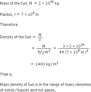 Mass space of space the space Sun comma space straight M space equals space 2 cross times 10 to the power of 30 space kg space

Raidus comma space straight r equals space 7 cross times 10 to the power of 8 space straight m space

Therefore comma space

Density space of space the space Sun space equals space straight M over straight V space
space space space space space space space space space space space space space space space space space space space space space space space space space space space space space space space space space equals space fraction numerator straight M over denominator begin display style bevelled 4 over 3 end style πr cubed end fraction space equals space fraction numerator 3 cross times 2 cross times 10 to the power of 30 over denominator 4 straight pi space left parenthesis 7 cross times 10 to the power of 8 space straight m space right parenthesis cubed end fraction space

space space space space space space space space space space space space space space space space space space space space space space space space space space space space space space space space equals space 1400 space kg divided by straight m to the power of 3 space end exponent

That space is comma space

Mass space density space of space Sun space is space in space the space range space of space mass space densities
of space solids divided by liquids space and space not space gases. space
