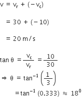 straight v space equals space straight v subscript straight r space end subscript plus space left parenthesis negative straight v subscript straight c right parenthesis space

space space space equals space 30 space plus space left parenthesis negative 10 right parenthesis space

space space space equals space 20 space straight m divided by straight s space

tan space straight theta space equals fraction numerator space straight v subscript straight c over denominator space straight v subscript straight r space end subscript end fraction space equals fraction numerator space 10 space over denominator 30 end fraction
rightwards double arrow space straight theta space equals space tan to the power of negative 1 end exponent space open parentheses fraction numerator 1 space over denominator 3 end fraction close parentheses space
space space space space space space space space space equals tan to the power of negative 1 end exponent space left parenthesis 0.333 right parenthesis space almost equal to space 18 to the power of 0 space