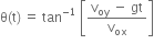 straight theta left parenthesis straight t right parenthesis thin space equals space tan to the power of negative 1 end exponent space open square brackets fraction numerator straight v subscript oy space minus space gt over denominator straight v subscript ox end fraction close square brackets