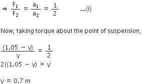 rightwards double arrow space straight F subscript 1 over straight F subscript 2 space equals space straight a subscript 1 over straight a subscript 2 space equals space 1 half space space space space space space space space space space space space space space... left parenthesis straight i right parenthesis

Now comma space taking space torque space about space the space point space of space suspension comma space

fraction numerator left parenthesis 1.05 space minus space straight y right parenthesis over denominator straight y end fraction space equals space 1 half space
2 left parenthesis left parenthesis 1.05 space minus space straight y right parenthesis space equals space straight y

straight y space equals space 0.7 space straight m
