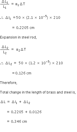 fraction numerator increment straight L subscript 1 over denominator straight L subscript 1 end fraction space equals space straight alpha subscript 1 increment straight T space

therefore space increment straight l subscript 1 space equals 50 space cross times space left parenthesis 2.1 space cross times space 10 to the power of negative 5 end exponent right parenthesis space cross times space 210 space

space space space space space space space space space space space space space equals space 0.2205 space cm

Expansion space in space steel space rod comma space

fraction numerator increment straight L subscript 2 over denominator straight L subscript 2 end fraction space equals space space straight alpha subscript 2 increment straight T space

therefore space increment straight L subscript 2 space equals space space 50 space cross times space left parenthesis 1.2 space cross times space 10 to the power of negative 5 end exponent right parenthesis space cross times space 210

space space space space space space space space space space space space space equals 0.126 space cm

Therefore comma space

Total space change space in space the space length space of space brass space and space steel space is comma space

increment straight L space equals space increment straight l subscript 1 space plus space increment straight L subscript 2 space

space space space space space space space equals space 0.2205 space plus space 0.0126

space space space space space space space equals space 0.346 space cm

