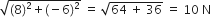 square root of left parenthesis 8 right parenthesis squared plus left parenthesis negative 6 right parenthesis squared end root space equals space square root of 64 space plus space 36 end root space equals space 10 space straight N