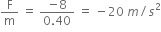 straight F over straight m space equals space fraction numerator negative 8 over denominator 0.40 end fraction space equals space minus 20 space m divided by s squared