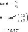tan space straight theta space equals space begin inline style straight v subscript straight y over straight v subscript straight x end style

straight theta space equals space tan to the power of negative 1 end exponent space open parentheses 10 over 20 close parentheses

space space space equals space 26.57 to the power of straight o