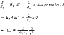 contour integral subscript s space equals space E with rightwards harpoon with barb upwards on top subscript o space d S space equals space 1 over epsilon subscript o space x space c h a r g e space e n c l o s e d

rightwards double arrow space E subscript o space 4 pi r squared space equals space 1 over epsilon subscript o x space Q

rightwards double arrow space space E subscript o italic space italic equals italic space fraction numerator italic 1 over denominator italic 4 pi epsilon subscript o end fraction Q over r to the power of italic 2