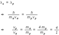 lambda subscript a space equals space lambda subscript p

rightwards double arrow space space space fraction numerator h over denominator m subscript alpha nu subscript alpha end fraction space equals space fraction numerator h over denominator m subscript p nu subscript p end fraction

rightwards double arrow space space space space space space space space v subscript p over v subscript alpha space equals space m subscript alpha over m subscript p equals space fraction numerator italic 4 space m subscript p over denominator m subscript p end fraction space equals space italic 4 over italic 1