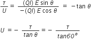 tau over U equals space fraction numerator left parenthesis Q l right parenthesis space E space sin space theta over denominator negative left parenthesis Q l right parenthesis space E space cos space theta end fraction space equals space minus tan space theta

U space equals negative space fraction numerator tau over denominator italic tan space theta end fraction equals negative space fraction numerator tau over denominator italic tan italic 60 to the power of o end fraction

