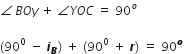 angle space B O y space plus space angle Y O C space equals space 90 to the power of o

left parenthesis 90 to the power of 0 space minus space bold italic i subscript bold italic B right parenthesis space plus space left parenthesis 90 to the power of 0 space plus space bold italic r right parenthesis space equals space 90 to the power of bold italic o