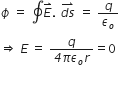 ϕ space equals space contour integral E with rightwards harpoon with barb upwards on top. space stack d s with rightwards harpoon with barb upwards on top space equals space q over epsilon subscript o
rightwards double arrow space E space equals space fraction numerator q over denominator italic 4 pi epsilon subscript o r end fraction equals 0

