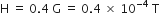 straight H space equals space 0.4 space straight G space equals space 0.4 space cross times space 10 to the power of negative 4 end exponent space straight T
