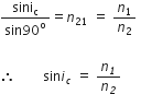 fraction numerator sini subscript straight c over denominator sin 90 to the power of straight o end fraction equals n subscript 21 space equals space n subscript 1 over n subscript 2 italic space

therefore space space space space space space space space sin i subscript c space equals space n subscript italic 1 over n subscript italic 2