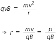 q v B space equals space fraction numerator m v squared over denominator r end fraction

rightwards double arrow space r space equals space fraction numerator m v over denominator q B end fraction equals space fraction numerator p over denominator q B end fraction