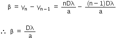 space space space space space straight beta straight space equals straight space straight y subscript straight n straight space minus straight space straight y subscript straight n minus 1 end subscript straight space equals straight space nDλ over straight a minus straight space fraction numerator left parenthesis straight n minus 1 right parenthesis Dλ over denominator straight a end fraction

therefore space straight space straight beta straight space equals straight space Dλ over straight a