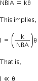 NBIA space equals space kθ

This space implies comma space

straight I thin space equals space open parentheses straight k over NBA close parentheses straight theta

That space is comma space

straight I space proportional to space straight theta