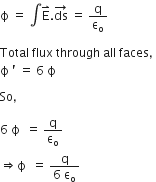 straight ϕ space equals space integral straight E with rightwards harpoon with barb upwards on top. ds with rightwards arrow on top space equals space straight q over straight epsilon subscript straight o

Total space flux space through space all space faces comma space
straight ϕ space apostrophe space equals space 6 space straight ϕ space

So comma

6 space straight ϕ space space equals space straight q over straight epsilon subscript straight o space
rightwards double arrow straight ϕ space space equals space fraction numerator straight q over denominator 6 space straight epsilon subscript straight o end fraction