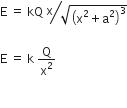 straight E space equals space kQ space bevelled fraction numerator straight x over denominator square root of open parentheses straight x squared plus straight a squared close parentheses cubed end root end fraction

straight E space equals space straight k space straight Q over straight x squared space

