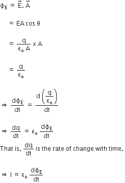 straight ϕ subscript straight E space equals space straight E with rightwards harpoon with barb upwards on top. space straight A with rightwards harpoon with barb upwards on top space

space space space space space equals space EA space cos space straight theta

space space space space space equals space fraction numerator straight q over denominator straight epsilon subscript straight o space straight A end fraction space straight x space straight A space

space space space space space equals space straight q over straight epsilon subscript straight o

rightwards double arrow space dϕ subscript straight E over dt space equals space fraction numerator straight d space open parentheses begin display style straight q over straight epsilon subscript straight o end style close parentheses over denominator dt end fraction

rightwards double arrow space dq over dt space equals space straight epsilon subscript straight o space dϕ subscript straight E over dt
That space is comma space dq over dt space is space the space rate space of space change space with space time. space

rightwards double arrow space straight I thin space equals space straight epsilon subscript straight o space dϕ subscript straight E over dt