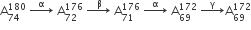 straight A subscript 74 superscript 180 space rightwards arrow with space straight alpha space on top space straight A subscript 72 superscript 176 space rightwards arrow with space straight beta on top space straight A subscript 71 superscript 176 space rightwards arrow with straight alpha on top space straight A subscript 69 superscript 172 space rightwards arrow with straight gamma on top straight A subscript 69 superscript 172