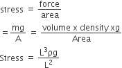 stress space equals space force over area space
equals mg over straight A space equals space fraction numerator volume space straight x space density space xg over denominator Area end fraction
Stress space equals space fraction numerator straight L cubed ρg over denominator straight L squared end fraction