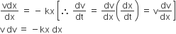 vdx over dx space equals space minus space kx space open square brackets therefore space dv over dt space equals space fraction numerator begin display style dv end style over denominator dx end fraction open parentheses dx over dt close parentheses space equals space straight v dv over dx close square brackets
straight v space dv space equals space minus kx space dx