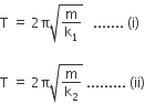 straight T space equals space 2 straight pi square root of straight m over straight k subscript 1 end root space space space....... space left parenthesis straight i right parenthesis

straight T space equals space 2 straight pi square root of straight m over straight k subscript 2 end root space......... space left parenthesis ii right parenthesis