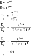 straight E space proportional to space AT to the power of 4
straight E proportional to space straight r squared straight T to the power of 4
straight E subscript 1 over straight E subscript 2 space equals space fraction numerator straight r subscript 1 superscript 2 space straight T subscript 1 superscript 4 over denominator straight t subscript 2 superscript 2 straight T subscript 2 superscript 4 end fraction
straight E subscript 1 over straight E subscript 2 space space equals space fraction numerator straight R squared straight T to the power of 4 over denominator left parenthesis 2 straight R right parenthesis squared space straight x space left parenthesis 2 straight T right parenthesis to the power of 4 end fraction

straight E subscript 1 over straight E subscript 2 space space equals space fraction numerator straight R squared straight T to the power of 4 over denominator 4 straight R squared space straight x space 16 straight T to the power of 4 end fraction
straight E subscript 1 over straight E subscript 2 space space equals 64