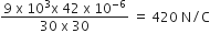 fraction numerator 9 space straight x space 10 cubed straight x space 42 space straight x space 10 to the power of negative 6 end exponent over denominator 30 space straight x space 30 end fraction space equals space 420 space straight N divided by straight C