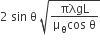 2 space sin space straight theta space square root of fraction numerator πλgL over denominator straight mu subscript straight theta cos space straight theta end fraction end root