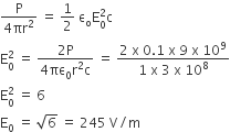 fraction numerator straight P over denominator 4 πr squared end fraction space equals space 1 half space straight epsilon subscript straight o straight E subscript 0 superscript 2 straight c
straight E subscript 0 superscript 2 space equals space fraction numerator 2 straight P over denominator 4 πε subscript 0 straight r squared straight c end fraction space equals space fraction numerator 2 space straight x space 0.1 space straight x space 9 space straight x space 10 to the power of 9 over denominator 1 space straight x space 3 space straight x space 10 to the power of 8 end fraction
straight E subscript 0 superscript 2 space equals space 6
straight E subscript 0 space equals space square root of 6 space equals space 245 space straight V divided by straight m