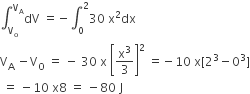 integral subscript straight V subscript straight o end subscript superscript straight V subscript straight A end superscript dV space equals negative integral subscript 0 superscript 2 30 space straight x squared dx
straight V subscript straight A space minus straight V subscript straight O space equals space minus space 30 space straight x space open square brackets straight x cubed over 3 close square brackets squared space equals negative 10 space straight x left square bracket 2 cubed minus 0 cubed right square bracket
space equals space minus 10 space straight x 8 space equals space minus 80 space straight J