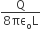 fraction numerator straight Q over denominator 8 πε subscript straight o straight L end fraction