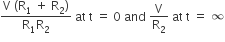 fraction numerator straight V space left parenthesis straight R subscript 1 space plus space straight R subscript 2 right parenthesis over denominator straight R subscript 1 straight R subscript 2 end fraction space at space straight t space equals space 0 space and space straight V over straight R subscript 2 space at space straight t space equals space infinity