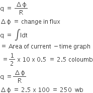 straight q space equals space fraction numerator increment straight ϕ over denominator straight R end fraction
increment straight ϕ space equals space change space in space flux
straight q space equals space integral Idt
equals space Area space of space current space minus time space graph
space equals 1 half space straight x space 10 space straight x space 0.5 space equals space 2.5 space coloumb
straight q space equals fraction numerator increment straight ϕ over denominator straight R end fraction
increment straight ϕ space equals space 2.5 space straight x space 100 space equals space 250 space space wb