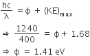 hc over straight lambda space equals straight ϕ space plus space left parenthesis KE right parenthesis subscript max
rightwards double arrow space 1240 over 400 space equals space straight ϕ plus space 1.68
rightwards double arrow space straight ϕ space equals space 1.41 space eV