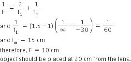 1 over straight F space equals space 2 over straight f subscript 1 space plus 1 over straight f subscript straight m
and space 1 over straight f subscript 1 space equals space left parenthesis 1.5 minus 1 right parenthesis space open parentheses 1 over infinity minus fraction numerator 1 over denominator negative 30 end fraction close parentheses space equals space 1 over 60
and space straight f subscript straight m space equals space 15 space cm
therefore comma space straight F space equals space 10 space cm
object space should space be space placed space at space 20 space cm space from space the space lens.