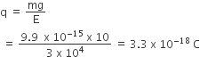 straight q space equals space mg over straight E
space equals space fraction numerator 9.9 space space straight x space 10 to the power of negative 15 end exponent space straight x space 10 over denominator 3 space straight x space 10 to the power of 4 end fraction space equals space 3.3 space straight x space 10 to the power of negative 18 end exponent space straight C