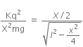fraction numerator Kq squared over denominator straight X squared mg end fraction space equals space fraction numerator X divided by 2 over denominator square root of l squared minus begin display style x squared over 4 end style end root end fraction