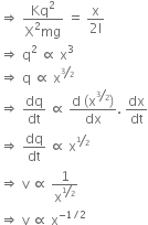 rightwards double arrow space fraction numerator Kq squared over denominator straight X squared mg end fraction space equals space fraction numerator straight x over denominator 2 straight l end fraction
rightwards double arrow space straight q squared space proportional to space straight x cubed
rightwards double arrow space straight q space proportional to space straight x to the power of begin inline style bevelled 3 over 2 end style end exponent
rightwards double arrow space dq over dt space proportional to space fraction numerator straight d space left parenthesis straight x to the power of bevelled 3 over 2 end exponent right parenthesis over denominator dx end fraction. space dx over dt
rightwards double arrow space dq over dt space proportional to space straight x to the power of begin inline style bevelled 1 half end style end exponent
rightwards double arrow space straight v space proportional to space 1 over straight x to the power of bevelled 1 half end exponent
rightwards double arrow space straight v space proportional to space straight x to the power of negative 1 divided by 2 end exponent