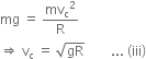 mg space equals space mv subscript straight c squared over straight R
rightwards double arrow space straight v subscript straight c space equals space square root of gR space space space space space space space space... space left parenthesis iii right parenthesis