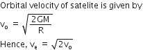 Orbital space velocity space of space satelite space is space given space by
straight v subscript straight o space equals space square root of fraction numerator 2 GM over denominator straight R end fraction end root
Hence comma space straight v subscript straight e space equals space square root of 2 straight v subscript straight o end root