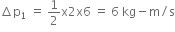 increment straight p subscript 1 space equals space 1 half straight x 2 straight x 6 space equals space 6 space kg minus straight m divided by straight s