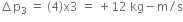 increment straight p subscript 3 space equals space left parenthesis 4 right parenthesis straight x 3 space equals space plus 12 space kg minus straight m divided by straight s